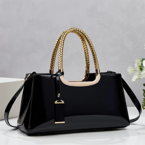 Women Patent Leather Shoulder Bag Shiny Evening Handbag For Wedding Party Elegant Tote Bag Square Shape Zipper Closure