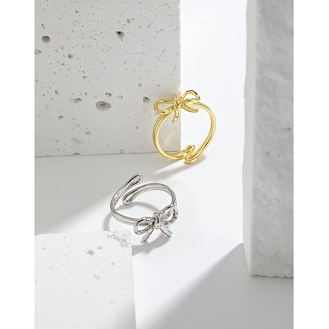 S925 Sterling Silver Bow Knot Open Ring Minimalist Adjustable Finger Ring Gold Silver Plated Elegant Jewelry For Women