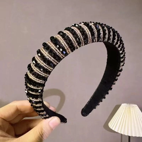 Handmade Crystal Beaded Padded Headband For Women Vintage Luxurious Wide Edge Sponge Hairband For Wedding Party Jewelry