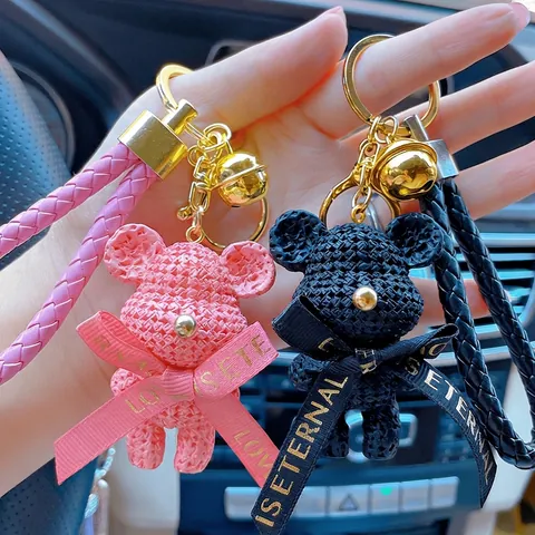 Knit Texture Bear Keychain Resin Animal Bag Charm With Metal Bell And Ribbon Bow Car Keyring Ornament