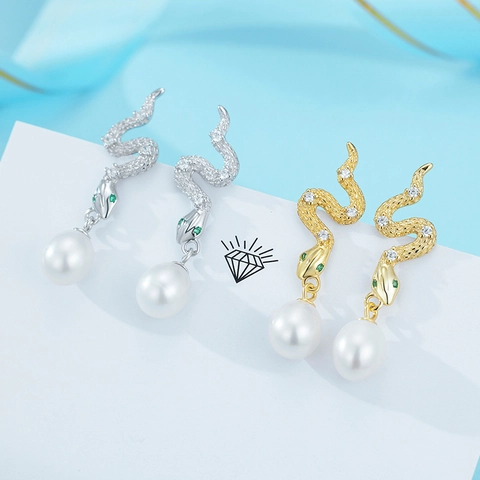 Pendientes de Botón de Plata de Ley 925 con Forma de Serpiente Perla Artificial Zirconia Joyas de Animales para Mujer