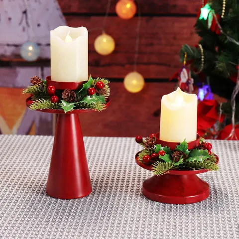 Red Iron Christmas Candlestick Set With Wreath Pine Cone Berries Vintage Metal Candle Holder For Home Table Xmas Decor