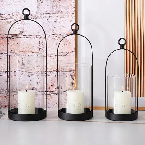 Nordic Iron Candle Holder With Glass Cover Minimalist Metal Lantern Wedding Table Ornament Decorative Candlestick Home