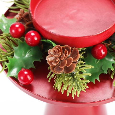 Roter Eisen Weihnachten Kerzenständer Set Mit Kranz Kiefernzapfen Beeren Vintage Metall Kerzenhalter Für Tischdeko