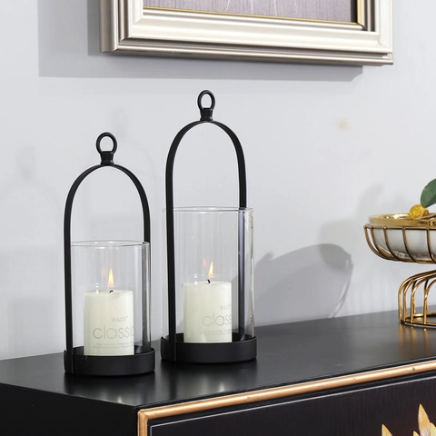 Nordic Iron Candle Holder With Glass Cover Minimalist Metal Lantern Wedding Table Ornament Decorative Candlestick Home
