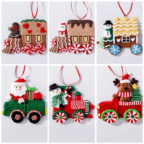 Christmas Tree Hanging Ornaments Polymer Clay Santa Snowman Car Gingerbread Man Xmas Holiday Party Decor Hanging Charms