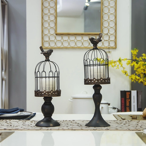 Europäischer Vintage Eisen Vogelkäfig Kerzenständer Mit Vogel-Abschluss Retro Metall Hohl Geschnitten Kerzenhalter Für Zuhause Hochzeit Deko