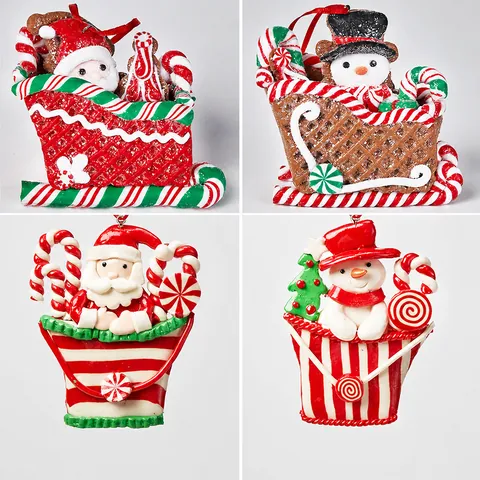 Polymer Clay Christmas Sled Ornaments Santa Claus Snowman Gingerbread Man Candy Cane Hanging Decoration For Xmas Tree Party Home Decor