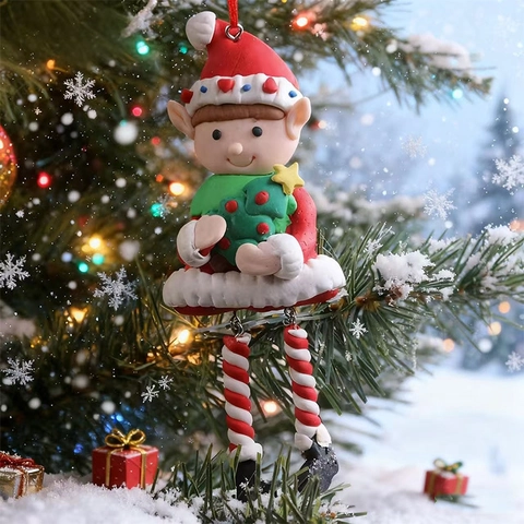 Weihnachtself Hängende Ornamente Polymer-Ton Rot Grün Gestreiftes Bein Zwerg Für Festliche Weihnachtsbaum Heimdekoration