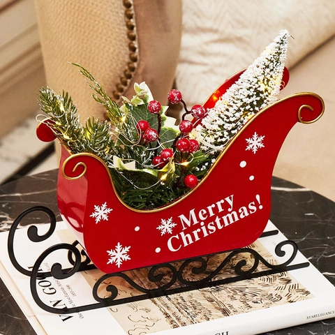 Christmas Red Metal Sleigh Decoration With LED String Lights Simulation Pine Branches Red Berries Desktop Holiday Ornament