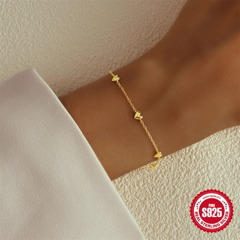 925 Sterling Silver Heart Charm Bracelet For Women Gold Silver Plated Dainty Minimalist Heart Link Chain Bracelet Jewelry Gift