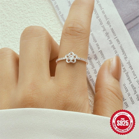 Anillo de Plata de Ley 925 con Flor Corazón Circón para Mujer Elegante Incrustado Brillante Anillo de Moda Joyería Regalo de Boda
