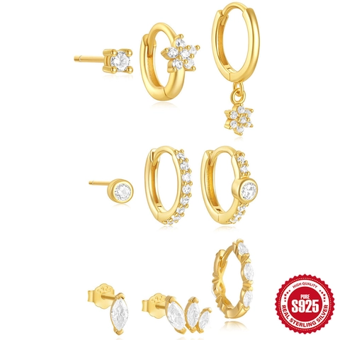 925 Sterling Silver Earring Set For Women Gold Plated Zirconia Flower Marquise Stud Hoop Earrings Ear Piercing Jewelry Gift