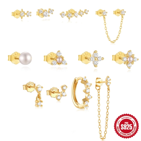 925 Sterling Silver Gold Earrings Set Zirconia Star Artificial Pearl Tassel Earring Collection For Women Jewelry With Silver Post