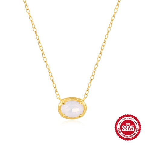 925 Sterling Silver Necklace Women Oval Pink Opal Pendant Gold Plated Hammered Texture Fashion Commuting Elegant Jewelry Gift