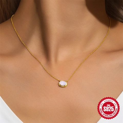 925 Sterling Silver Necklace Women Oval Pink Opal Pendant Gold Plated Hammered Texture Fashion Commuting Elegant Jewelry Gift