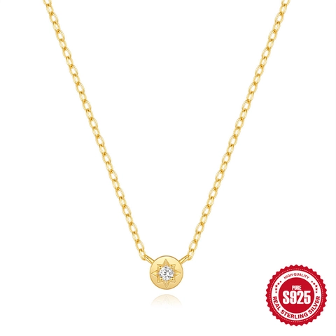 S925 Sterling Silver Eight-pointed Star Round Pendant Necklace Gold Plated Minimalist Zircon Inlaid Fashion Jewelry For Women Everyday Wear