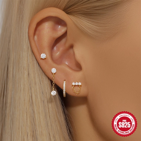 Women's S925 Sterling Silver Gold Plated Geometric Triangle Flower Tassel Earring Collection With AAAAA Zirconia Daily Jewelry