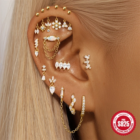 925 Sterling Silver Marquise Zircon Flat Back Ear Cartilage Stud Earrings Vertical Thread Piercing Jewelry For Women Gold Silver