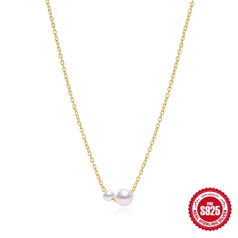 Collar de Plata de Ley 925 Chapado en Oro Con Colgante de Doble Perla Artificial Blanca Cadena en O Ajustable Joyería de Boda para Mujer