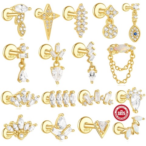 925 Sterling Zilveren Kraakbeen Oorknopje Voor Vrouwen Verguld Zirkonia Boze Oog Ster Blad Kwastje Piercing Sieraden