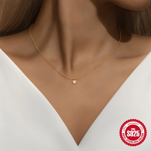 Minimalistische 925 Sterling Zilveren Hart Hanger Halsketting Voor Vrouwen Verguld Wit Opaal Ingelegd Sleutelbeen Ketting Sieraden