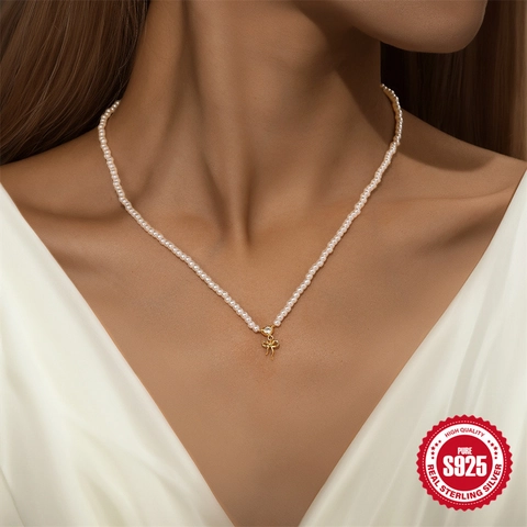 S925 Sterling Silber Künstliche Perle Schleife Schmuck Set Für Damen Elegant Zirkonia Herz Halskette Und Armband Schmuck