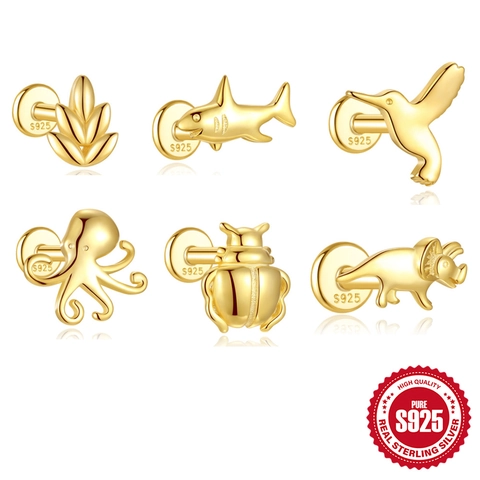 S925 Sterling Silver Gold Plated Mini Animal Stud Earrings Shark Octopus Hummingbird Leaf Triceratops Cartilage Jewelry