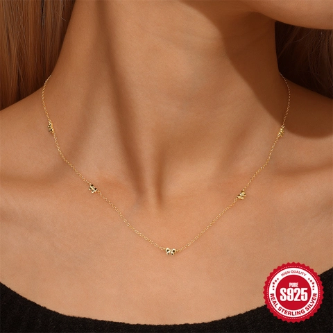 Collier Pendentif Nœud en Argent Sterling 925 Plaqué Or avec Chaîne à Gland en Zircone pour Femme Bijoux