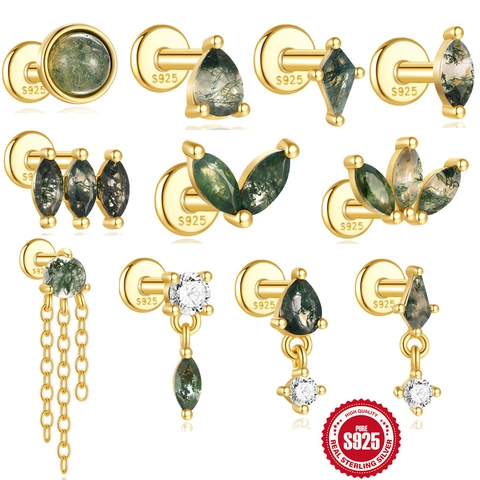 925 Sterling Silber Vergoldet Natürlicher Moosachat Zirkonia Flat Back Ohrstecker Botanisch Knorpel Piercing Schmuck Für Damen