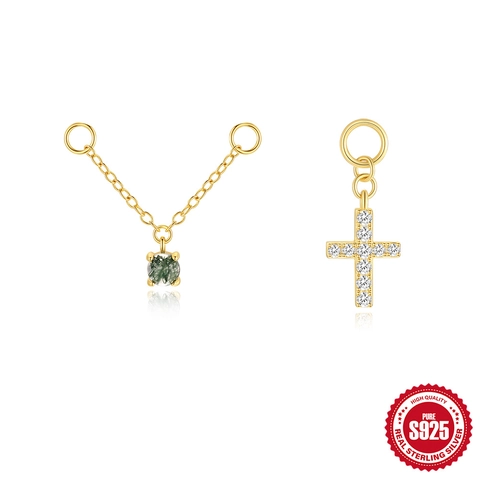 925 Sterling Silver Cross Charm Dangle Earrings With Round Green Moss Agate Zirconia Gold Plated Minimalist Jewelry For Women