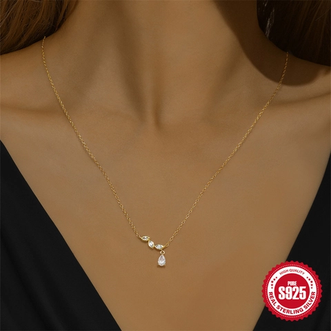 925 Sterling Silver Teardrop Marquise Zirconia Jewelry Set For Women Elegant Gold Plated Necklace Earrings Set Wedding Party