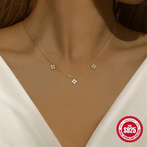 925 Sterling Silver Lucky Clover Pendant Necklace Gold Plated Zirconia Flower Jewelry For Women Elegant Party Daily Accessory