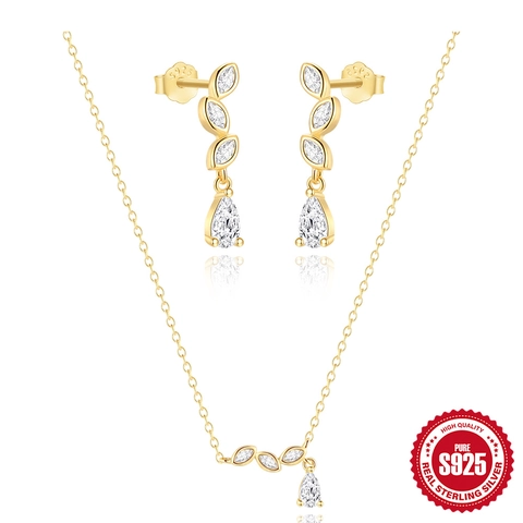 925 Sterling Silver Teardrop Marquise Zirconia Jewelry Set For Women Elegant Gold Plated Necklace Earrings Set Wedding Party