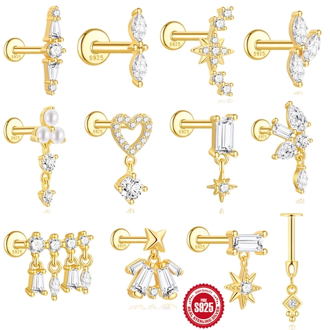 Boucles d'Oreilles Clous Cartilage Argent Sterling 925 Plaqué Or avec Étoile Cœur Papillon Zircone Cubique