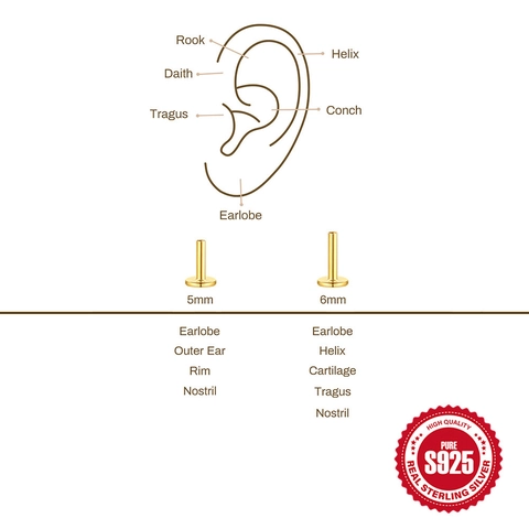 S925 Sterling Silver Internally Threaded Labret Post Flat Back Stud Earrings Helix Tragus Cartilage Piercing Jewelry Parts