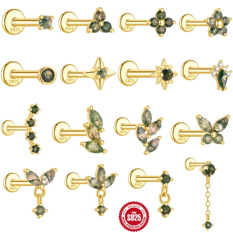 S925 Sterlingsilber Natürlicher Moosachat Flat Back Knorpel Ohrstecker Für Damen Gold Vergoldet Zirkonia Körperschmuck