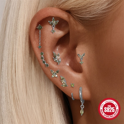 S925 Sterlingsilber Natürlicher Moosachat Flat Back Knorpel Ohrstecker Für Damen Gold Vergoldet Zirkonia Körperschmuck