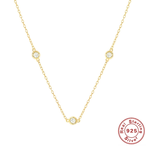 925 Sterling Silver Necklace With Round Zirconia Stones Bezel Set Minimalist Adjustable Chain Jewelry For Women