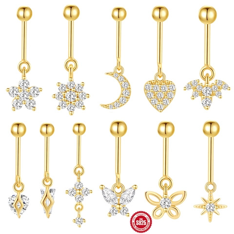 925 Sterling Silver Heart Moon Flower Zirconia Piercing Ear Bone Stud Earrings Gold Plated Geometric Screw Thread Earrings