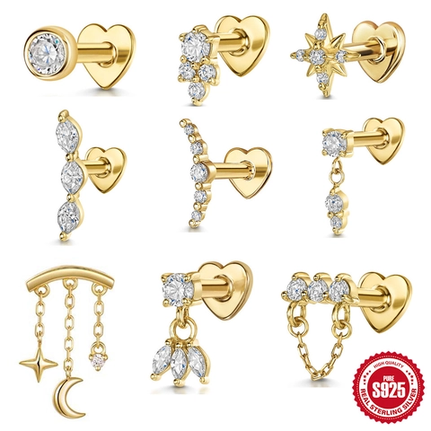 Clou d'Oreille Tige en Argent Sterling 925 Dos Plat en Cœur Or Argent Zircone Étoile Lune Chaîne à Pampilles Boucle d'Oreille Cartilage pour Femme