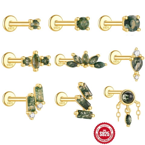 925 Sterlingsilber Natürlicher Moosachat Knorpel Ohrstecker Vergoldet Zirkonia Flacher Rücken Labret Piercing Schmuck