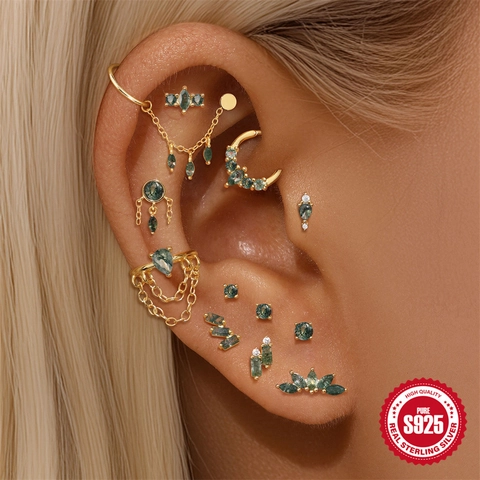 925 Sterlingsilber Natürlicher Moosachat Knorpel Ohrstecker Vergoldet Zirkonia Flacher Rücken Labret Piercing Schmuck