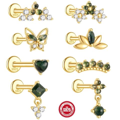 925 Sterlingsilber Ohrknorpelstecker Moosachat Zirkonia Schmetterling Blume Flachkopfschraube Vergoldet Piercing Ohrringe Für Damen