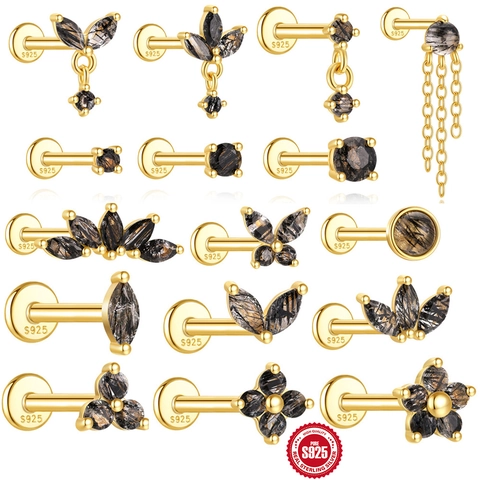 925 Sterling Silver Natural Black Rutilated Quartz Stud Earrings Gold Plated Marquise Tassel Ear Cartilage Piercing Labret Jewelry For Women