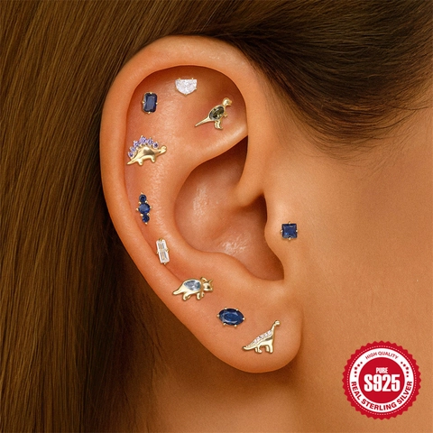 S925 Sterling Silver Earring Post Blue Zircon Geometric Stud Earrings For Women Gold Plated Square Oval Piercing Jewelry