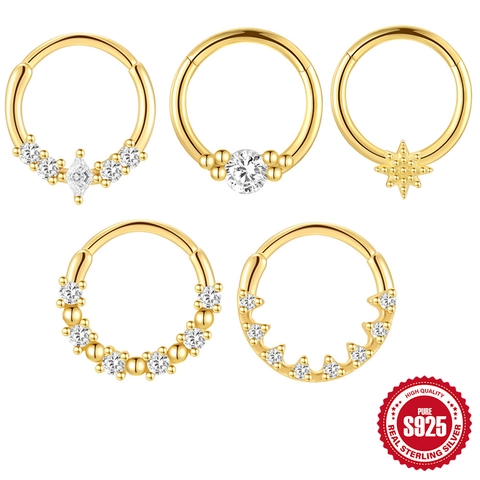 925 Sterling Silver Zirconia Nose Ring Hoop Hinge Clicker Gold Plated Marquise Star Cartilage Piercing Earring For Women Jewelry