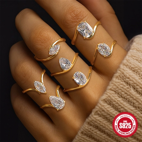 Luxury 925 Sterling Silver Gold Plated Zirconia Wedding Ring Elegant Marquise Pear Oval Cushion Cut Finger Jewelry For Women
