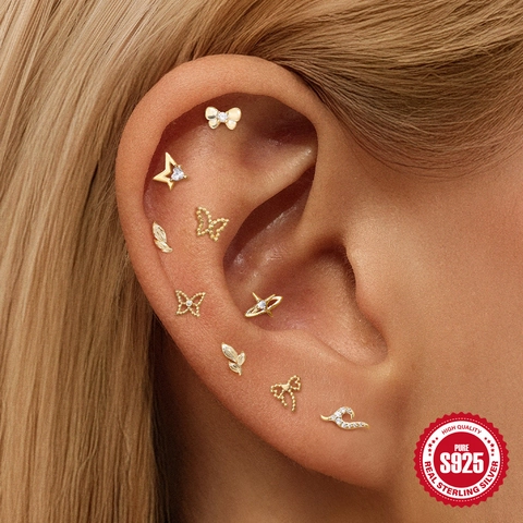 S925 Sterling Silver Gold Plated Cartilage Piercing Stud Earrings For Women Butterfly Bow Knot Star Planet Leaf Jewelry