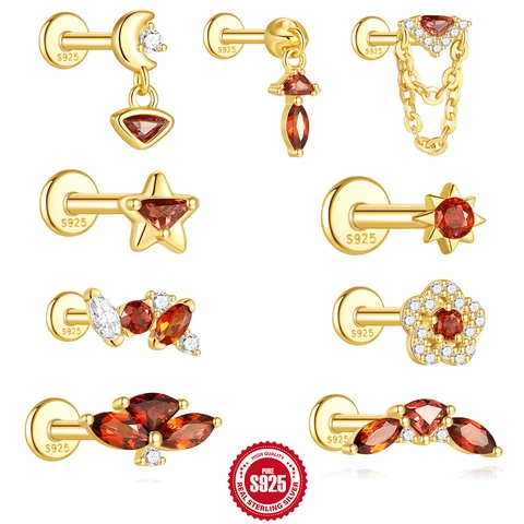 S925 Sterling Silver Red Garnet Zirconia Ear Cartilage Stud Gold Plated Vintage Flat Head Piercing Earrings For Women